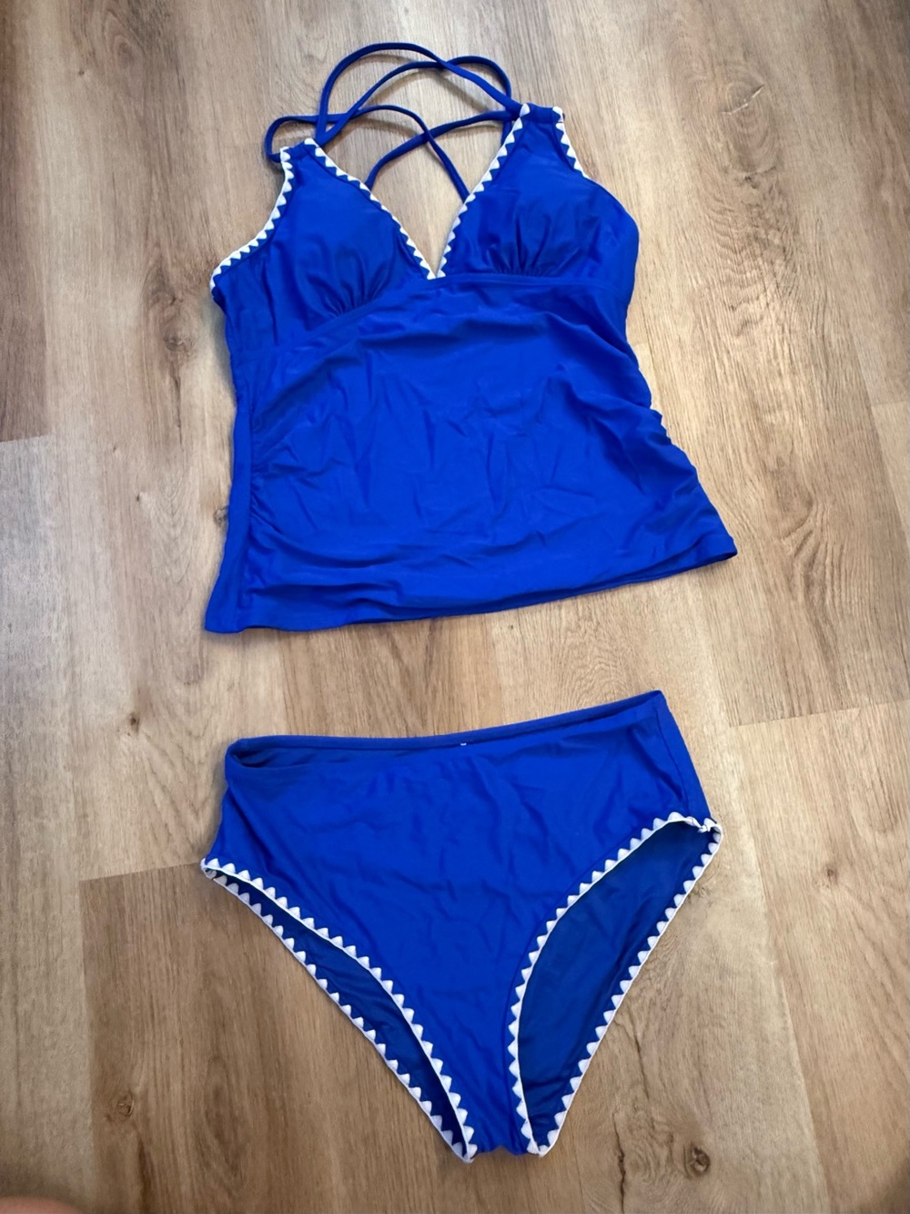 Women’s Blue Two-Piece Swim Set with White Trim